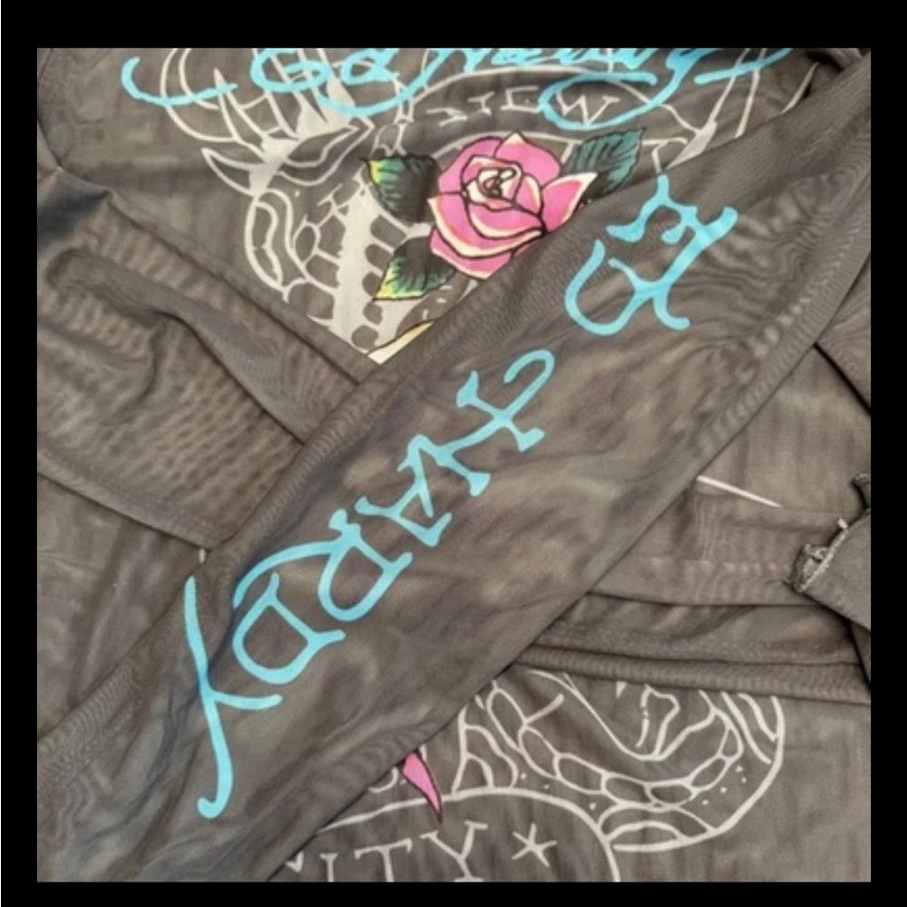Vintage Ed Hardy Mesh Sheer Long Sleeve Top Skull Rose Tattoo Graphic Women’s M - Picture 8 of 10